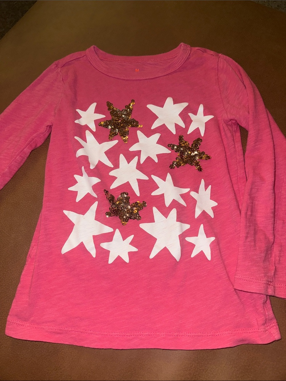 Crewcuts Pink Long-Sleeve Tee with White Stars and Gold Sequin Accents